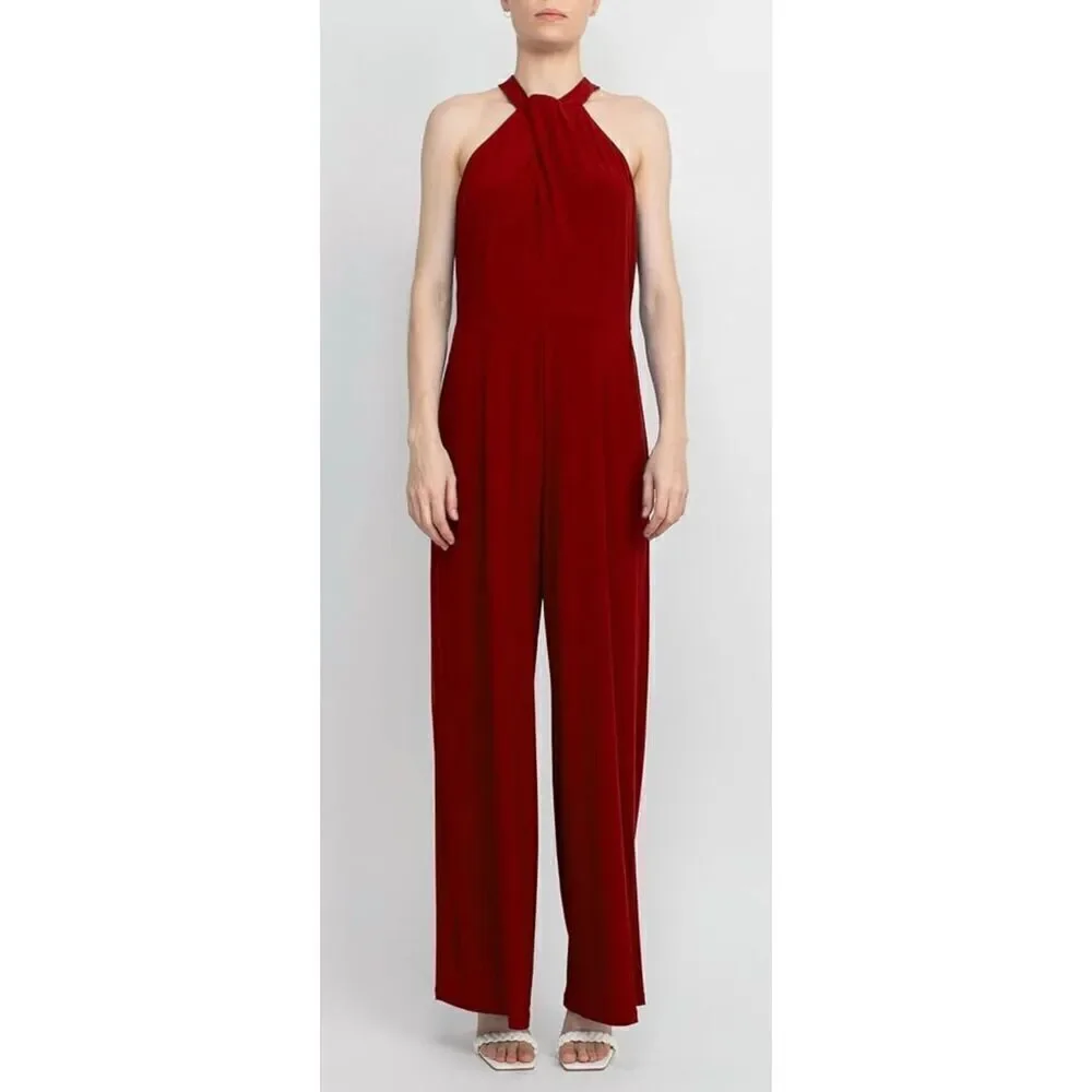 Nina Leonard Crossed Neck Sleeveless Keyhole Jersey Jumpsuit